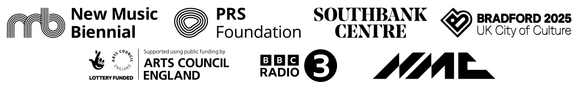 A collection of black logos for the organisations: New Music Biennial, PRS Foundation, Southbank Centre, Bradford 2025 UK City of Culture, Arts Council England and BBC Radio 3.