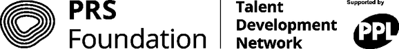 Black logos for PRS Foundation, Talent Development network supported by PPL