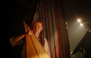 A harpist with light skin tone and long brown hair sits at her instrument, one hand resting on the string