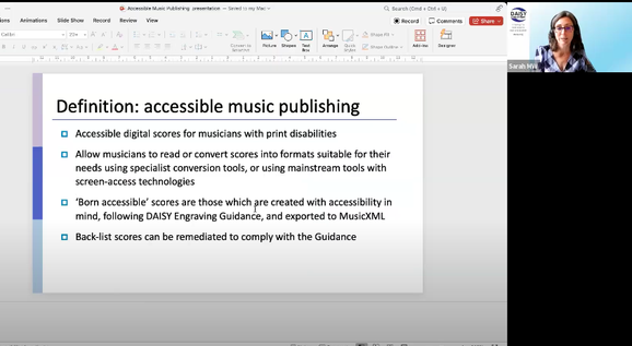 A presentation slide titled "Definition: Accessible Music Publishing" is being shared over zoom.