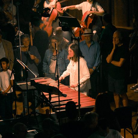 A marimbist is performing in front of a large audience. The player is situated on a plinth on the floor of a performance space. Audience members roam around the player. The space is illuminated in a wash of warm lighting.